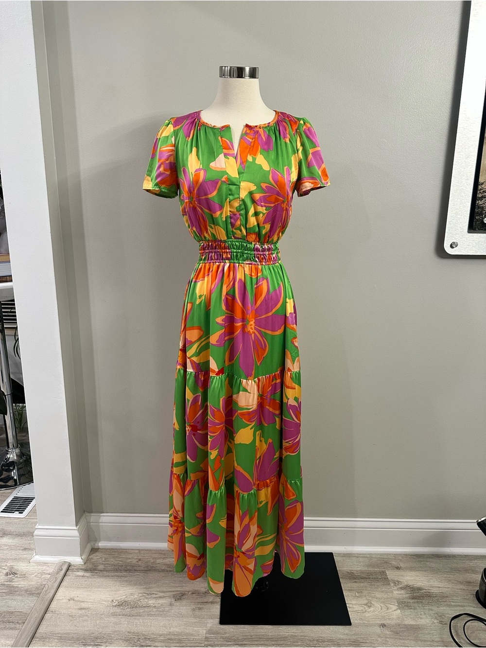 Nicole Miller Green Floral Maxi Dress with Pink and Orange Blooms